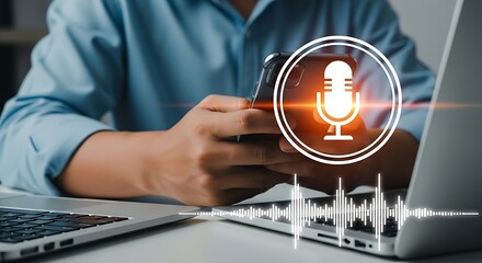 Person using smartphone and laptop for voice recording and communication with microphone icon
