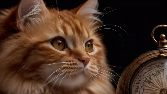 A Golden-Haired Feline Gazes Towards a Classic Compass