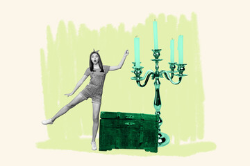 Creative full artwork collage of happy girl guy stand candlestick holder wax illumination supply...