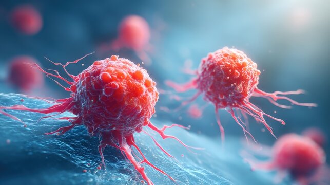 Highly detailed and colorful microscopic view of cancer cells invading tissue environment. - Powered by Adobe