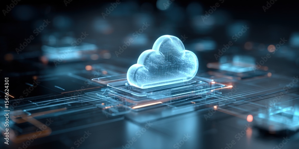 Poster High Tech Digital Cloud Storage Concept with Circuit Board Background for Data Connectivity.