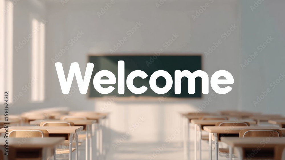 Poster Welcoming classroom with rows of wooden desks facing a large screen and bright natural light.