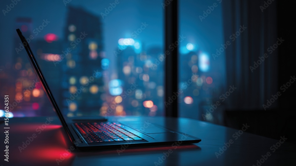 Poster Modern laptop computer on desk in front of a large window with cityscape at night.