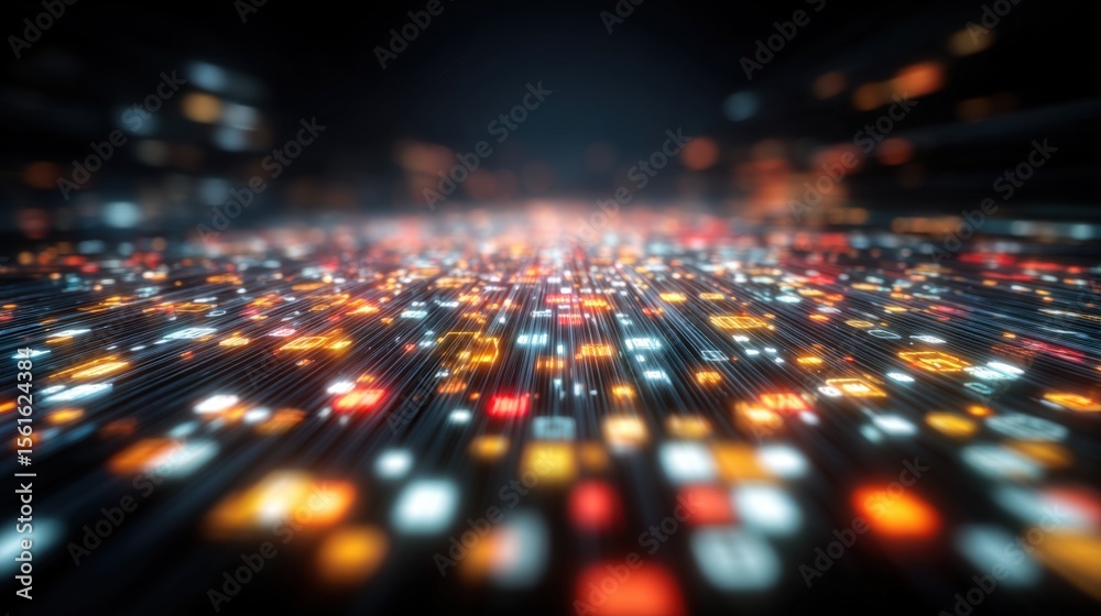 Poster Vibrant Digital Data Stream Visualization with Dynamic Light Effects and Motion.