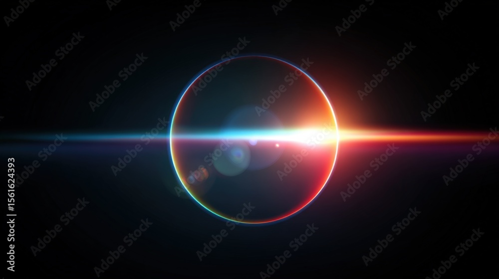 Poster Stunning cosmic image of a bright celestial phenomenon with colorful halo and lens flare in deep space scene.