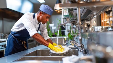 U.S. restaurant staff washes dishes at a large metal sink in a commercial kitchen. The image captures cleanliness and back-of-house operations.