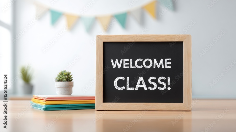 Poster Welcome Class Signboard with Bulletin Board and Potted Plant in Classroom Setting.