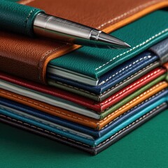 Stack of colorful leather notebooks and a pen