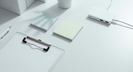 Minimalist Workspace: Clipboard, Sticky Notes, and USB Hub in Soft Light
