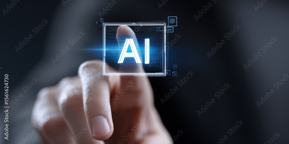 Poster Close up of a person's hand interacting with a digital AI icon on futuristic touchscreen interface.