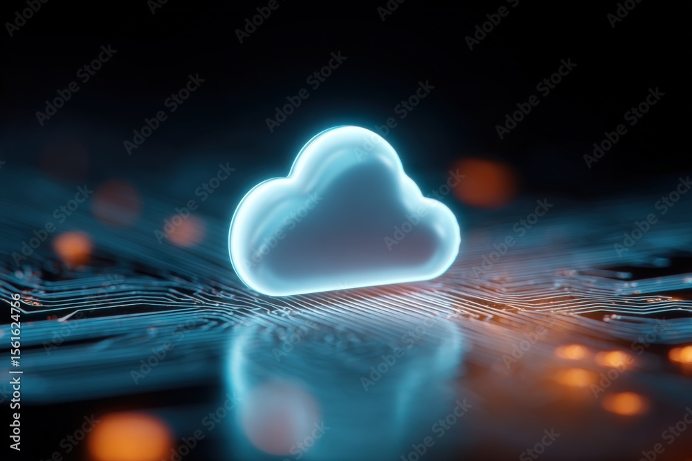 Poster bright glowing cloud icon floating above digital circuit network illustration.