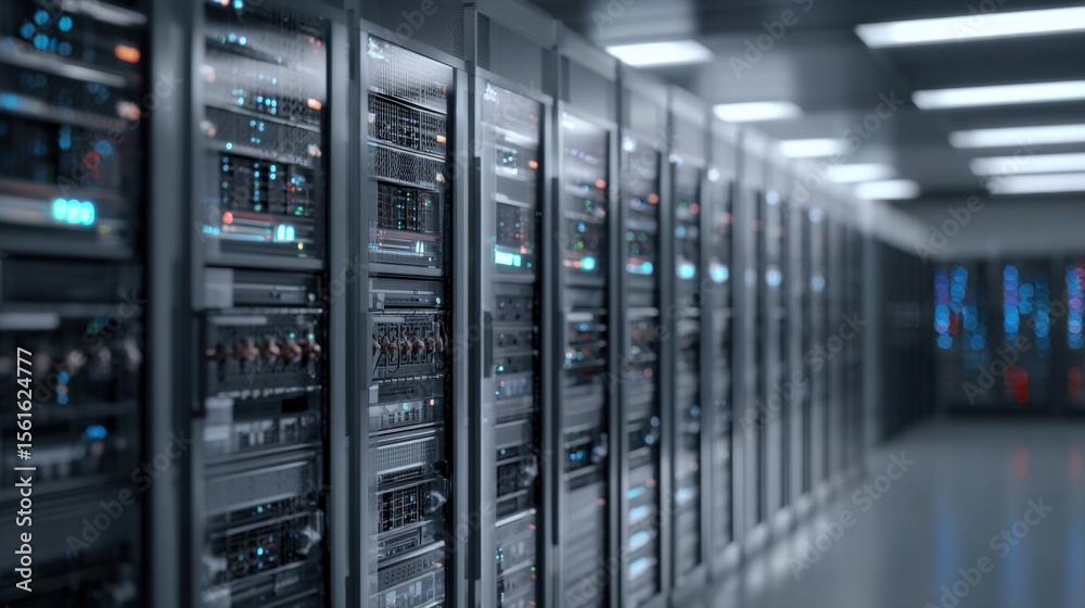 Poster Modern data center with multiple server racks and high tech computer hardware.