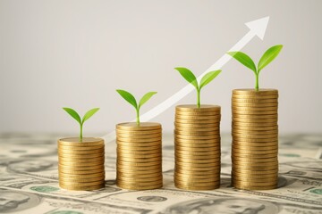 Golden Coin Stacks with Growing Plants Upward Trend