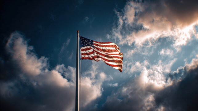 Vibrant American flag waving high in the sky during daytime with dramatic clouds.