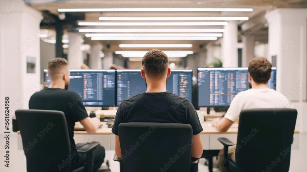Aufkleber Group of three software developers working on multiple monitors in modern office environment.