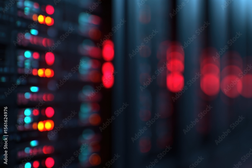 Aufkleber Close-up view of colorful server racks with blinking LED lights in data center.
