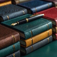 Stacked leather-bound notebooks and a pen