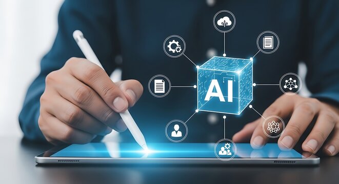 Business professional using a tablet with ai interface for data analysis and technology concepts