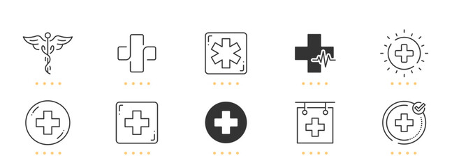 Medical symbols line icons. Cross, hospital, caduceus, aid etc. Editable stroke