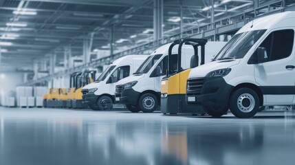 Fototapeta premium Modern white commercial delivery vans parked in a spacious warehouse facility with high ceilings and large windows.