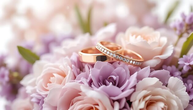 Elegant golden wedding ring adorned with delicate pink blooms and babybreath on a clean white background. Perfect for wedding invitations, jewelry catalogs, or bridal promotions.