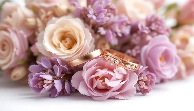Elegant golden wedding ring adorned with delicate pink blooms and babybreath on a clean white background. Perfect for wedding invitations, jewelry catalogs, or bridal promotions.
