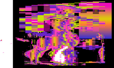 Vibrant glitch-art vector with pink, yellow, and purple blocks. Modern, trendy, digital abstract art in pixelated style. Dynamic rectangles, jagged lines, and erratic bursts dominate.