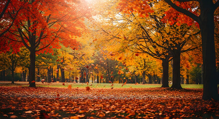 Colorful Autumn Foliage in Park with Falling Leaves