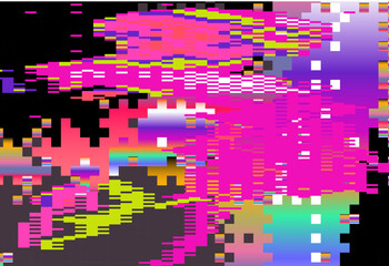 Vibrant glitch-art vector with pink, yellow, and purple blocks. Modern, trendy, digital abstract art in pixelated style. Dynamic rectangles, jagged lines, and erratic bursts dominate.