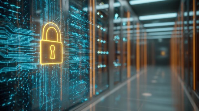 Modern data center with digital security technology and glowing security lock icon.