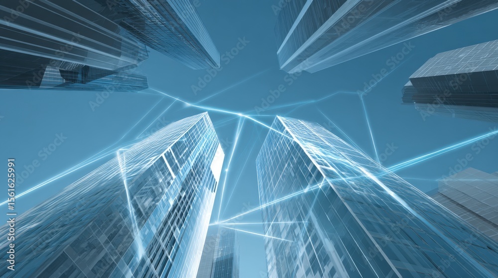Aufkleber futuristic cityscape with skyscrapers illuminated by glowing lines and digital network.