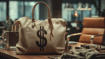 Luxurious modern office with stylish furniture and a large money bag on desk.