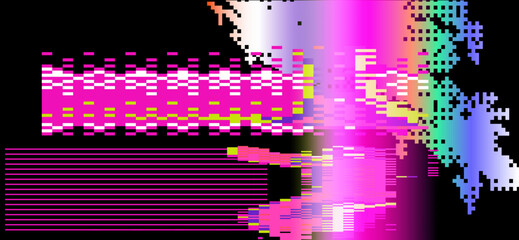 Futuristic glitch-art vector using popular digital abstract style. Neon bright pixel blocks, rectangles, and fractured lines create a dynamic, pixelated, and edgy visual effect.