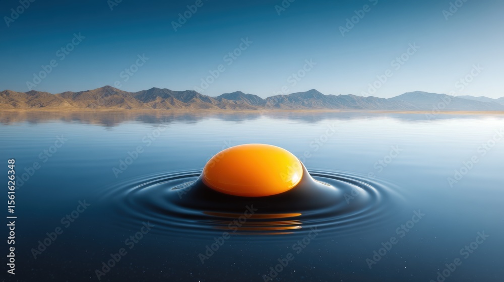 Poster vibrant yellow egg floating on calm reflective lake with distant mountain range.