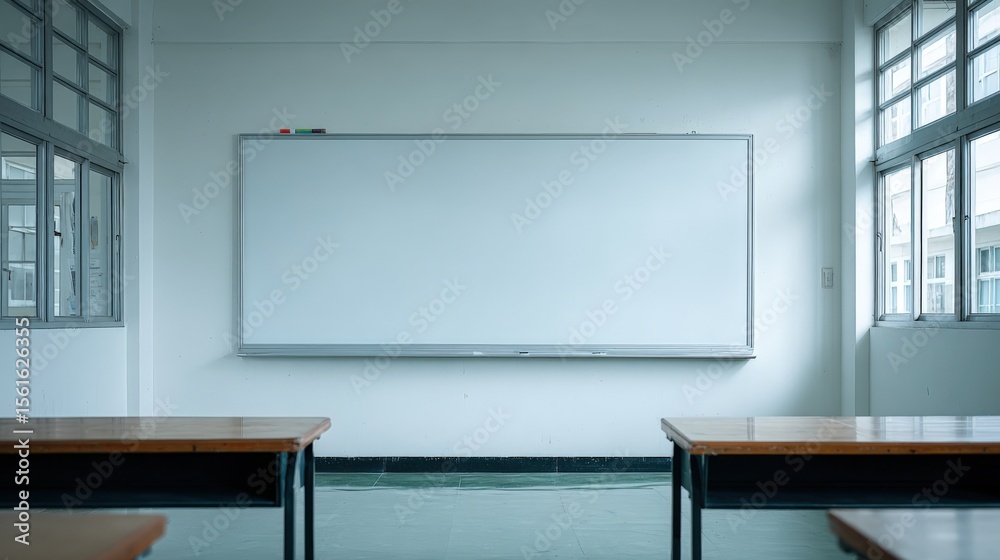 Poster modern classroom with large windows and a whiteboard on clean wall.