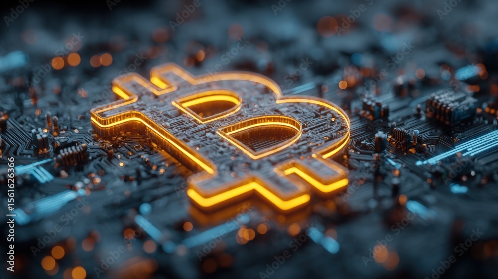 Poster Illuminated Bitcoin symbol glowing on electronic circuit board representing digital currency technology.