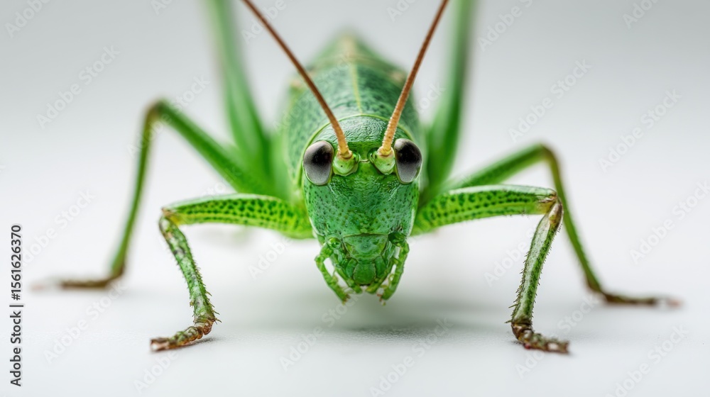 Aufkleber close-up of a green grasshopper facing forward with detailed texture and clear eyes.