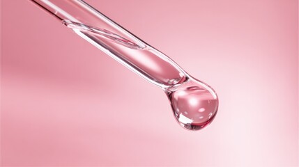 Close-up of a glass pipette with a drop of pink liquid on a soft pink background.