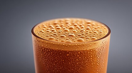 Close-up of a glass filled with fizzy carbonated beverage showing bubbles on surface.