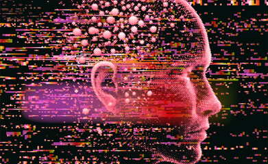 Modern glitch-art vector of a pink digital human head, pixelated shapes, and scattered yellow, orange, purple glitches. Abstract, vibrant, with dynamic horizontal lines.