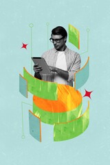 Exclusive artwork banner creative collage of happy girl guy peek laptop device speak letters...