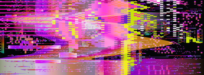 Striking vector in glitch-art style. Features neon green, pink, and yellow pixel blocks and lines. Chaotic, abstract digital look with broken, horizontal rectangles and noisy patterns.