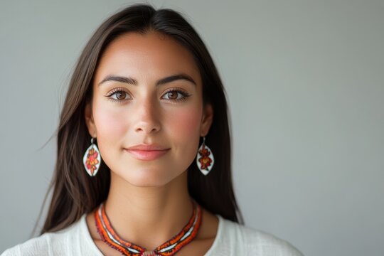 authentic portrait of metis young woman 30 years old on light background