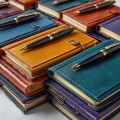 Stacked leather-bound notebooks and pens