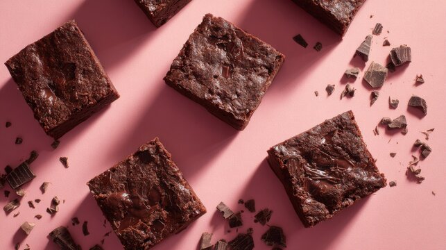 Delicious rich chocolate brownies with chocolate chunks and melting texture on pink background. - Powered by Adobe