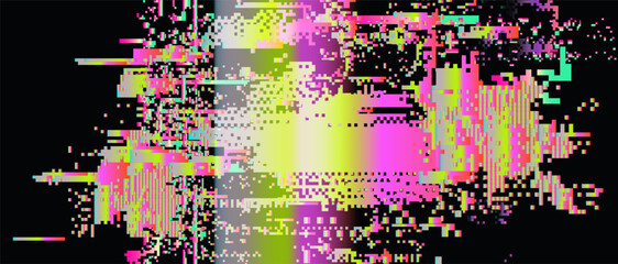 Striking vector in glitch-art style. Features neon green, pink, and yellow pixel blocks and lines. Chaotic, abstract digital look with broken, horizontal rectangles and noisy patterns.