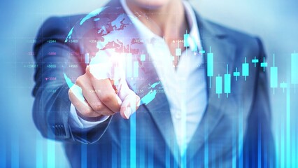 Businessman Touching Digital World with Graphs and Data Visualization