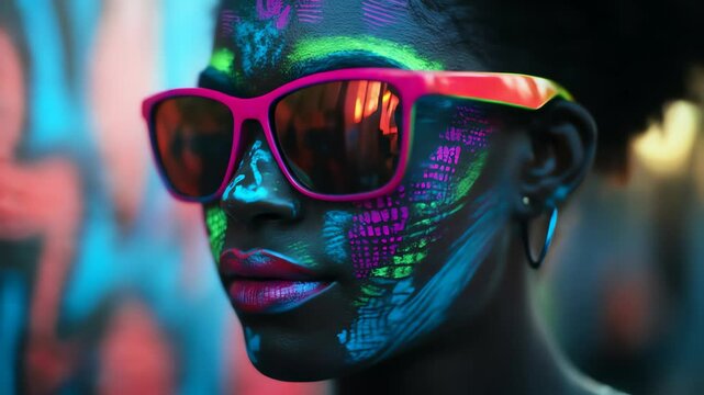 Neon face paint, sunglasses reflecting vibrant background, showcasing nightlife, energy, and self-expression