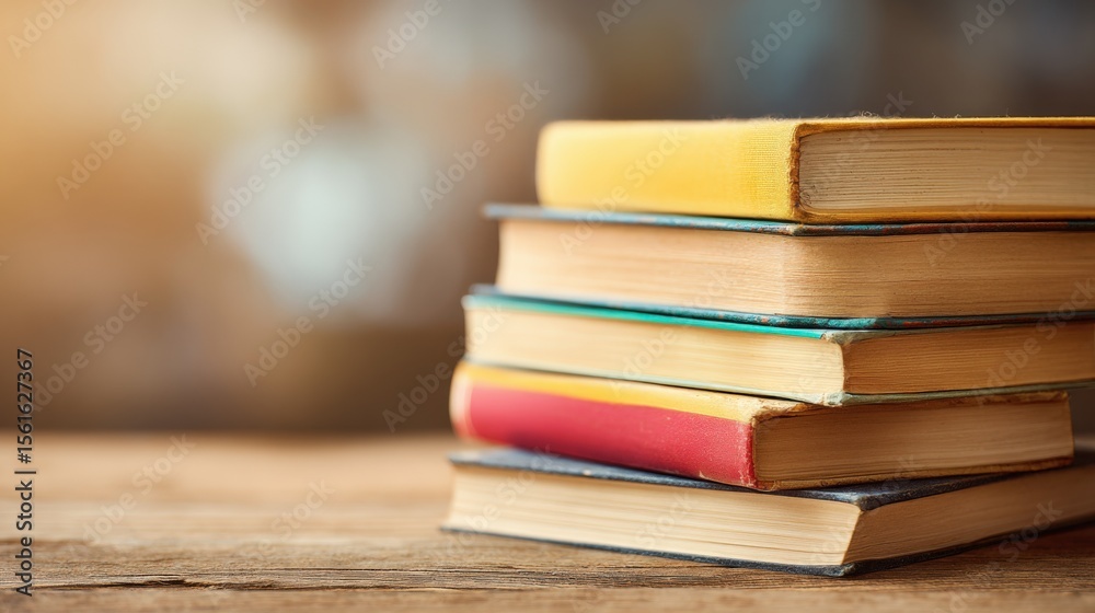 Poster Stack of colorful hardcover books on wooden surface with blurred background scene.