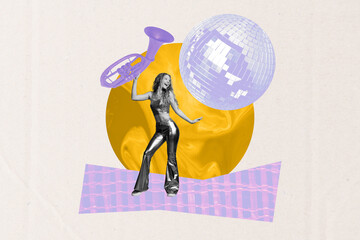 Banner 3d image pop collage of happy girl dance music pipe disco ball celebration weekend relax...